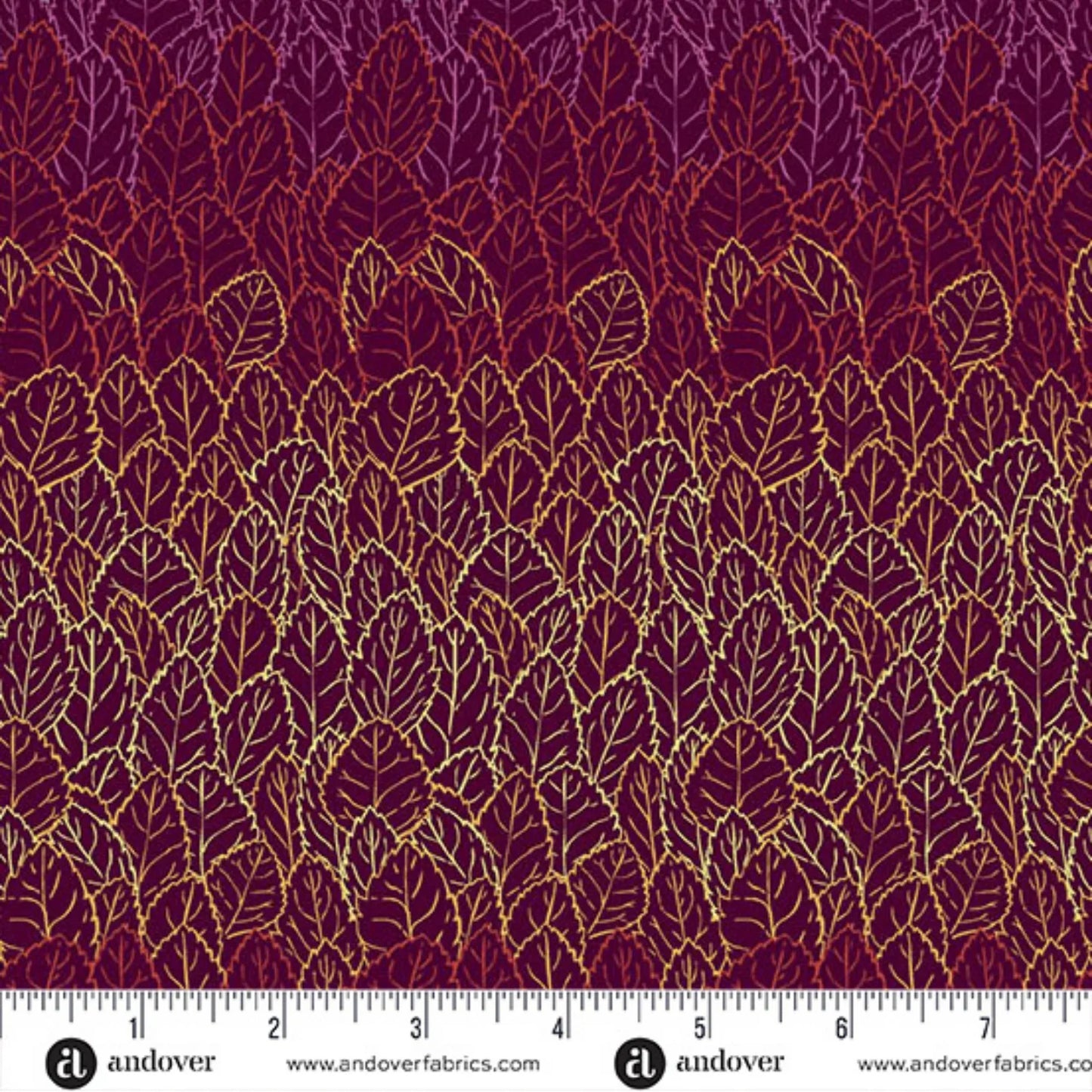 A repeating pattern of overlapping leaves, shading from pale amber-gold into warm mulberry purple on a rich, burgundy red background. Ruler at the bottom for scale.