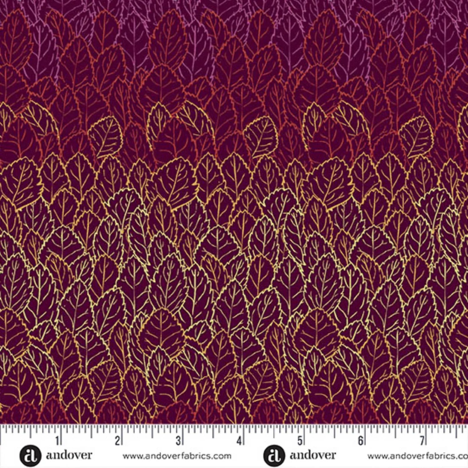 A repeating pattern of overlapping leaves, shading from pale amber-gold into warm mulberry purple on a rich, burgundy red background. Ruler at the bottom for scale.