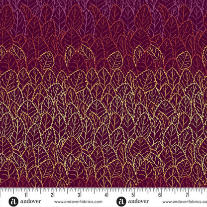 A repeating pattern of overlapping leaves, shading from pale amber-gold into warm mulberry purple on a rich, burgundy red background. Ruler at the bottom for scale.