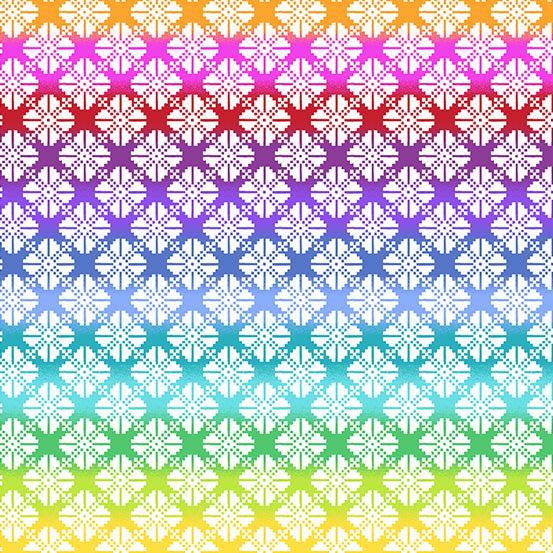 Rainbow Wonderland Pinwheel Knit in White features a grid of stylized knitted white pinwheels on a rainbow gradient background.