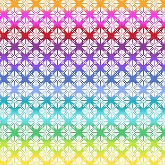 Rainbow Wonderland Pinwheel Knit in White features a grid of stylized knitted white pinwheels on a rainbow gradient background.