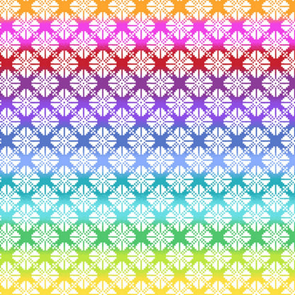 White geometric pattern with a rainbow gradient background