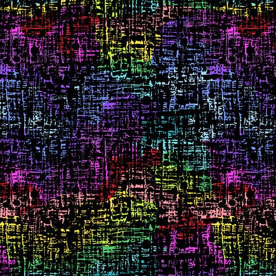 Rainbow Wonderland Weave in Black features a rainbow-colored textured woven design on a black background.