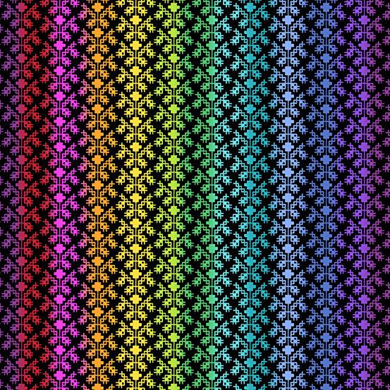 Rainbow Wonderland Vine Knit in Black features a stylized knitted stripe pattern in a rainbow gradient on a black background.