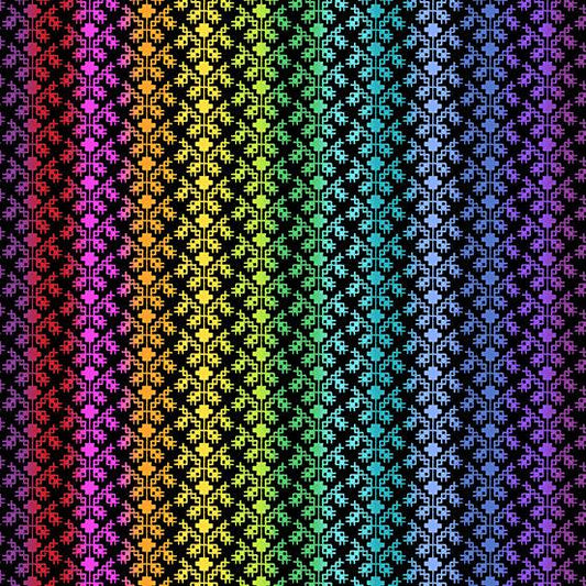 Rainbow Wonderland Vine Knit in Black features a stylized knitted stripe pattern in a rainbow gradient on a black background.