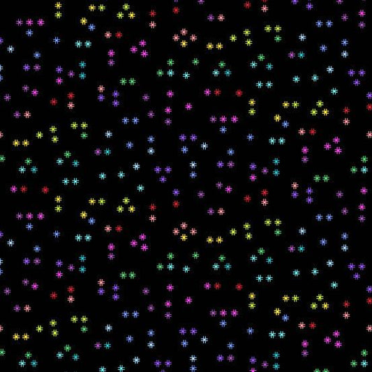 Rainbow Wonderland Tic Tac Toe in Black features tiny stylized rainbow hash marks on a black background.