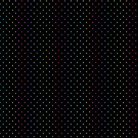 Rainbow Wonderland Mini Dot in Black features a grid of tiny rainbow dots on a black background.