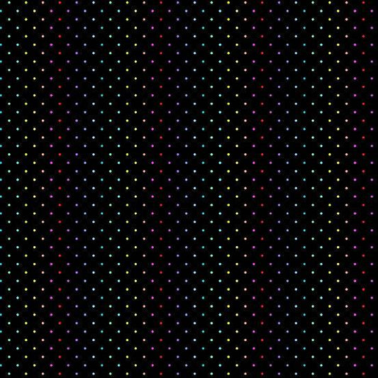 Rainbow Wonderland Mini Dot in Black features a grid of tiny rainbow dots on a black background.