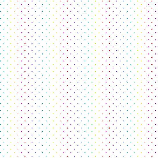 Rainbow Wonderland Mini Dot in White features a grid of tiny rainbow dots on a white background.