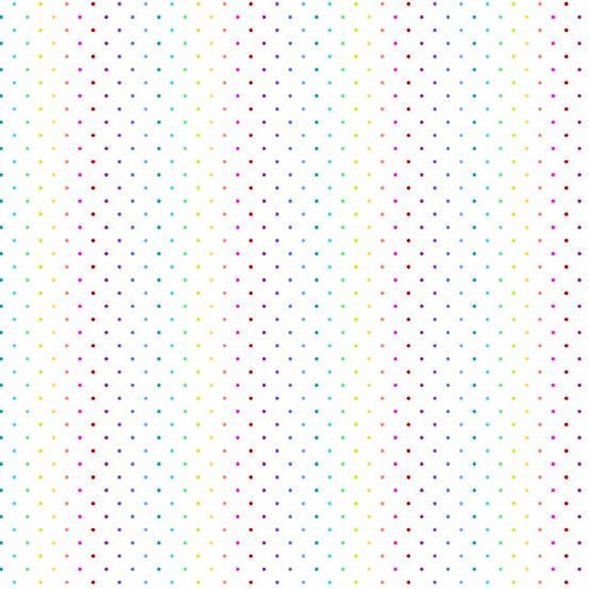 Rainbow Wonderland Mini Dot in White features a grid of tiny rainbow dots on a white background.