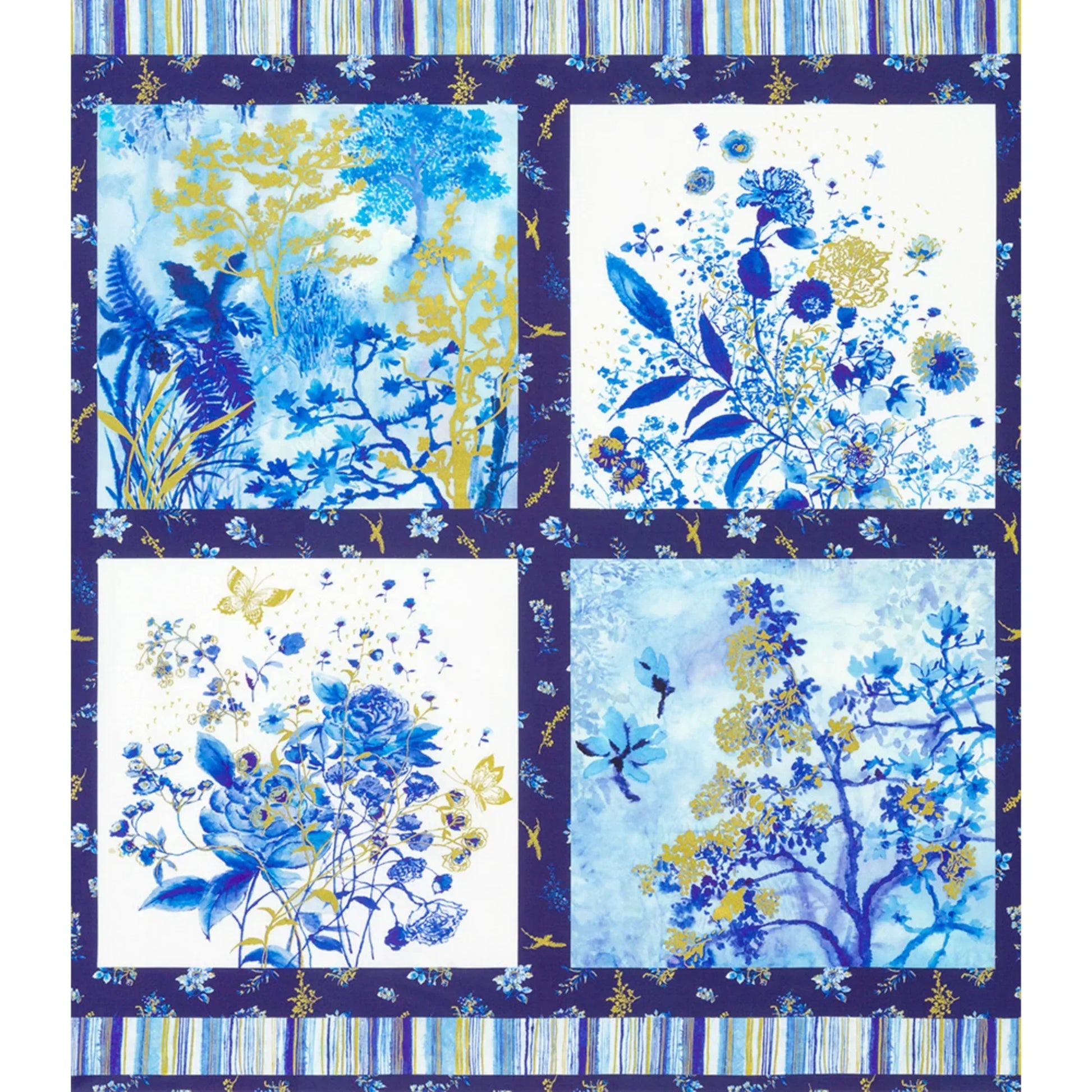 Panel with four blocks of floral patterns in blue, gold, and white