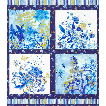 Panel with four blocks of floral patterns in blue, gold, and white