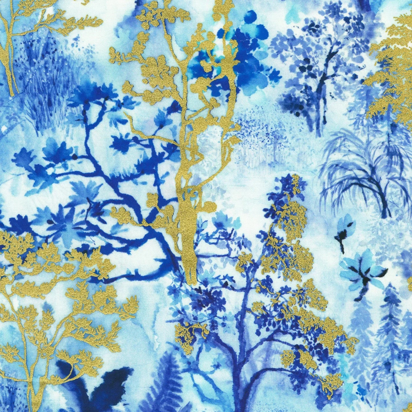 Pattern of blue and gold trees on a blue background