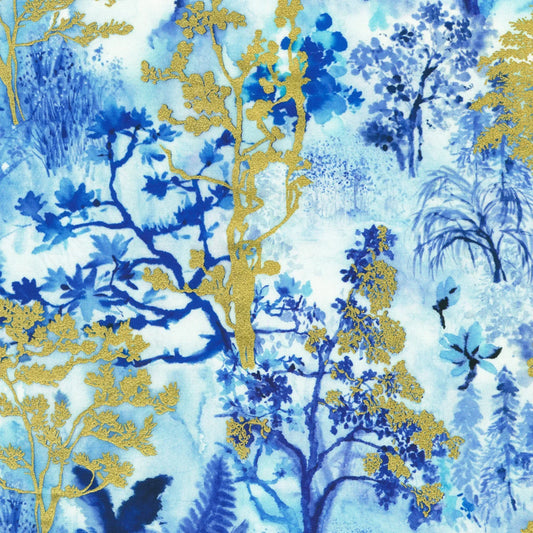 Pattern of blue and gold trees on a blue background