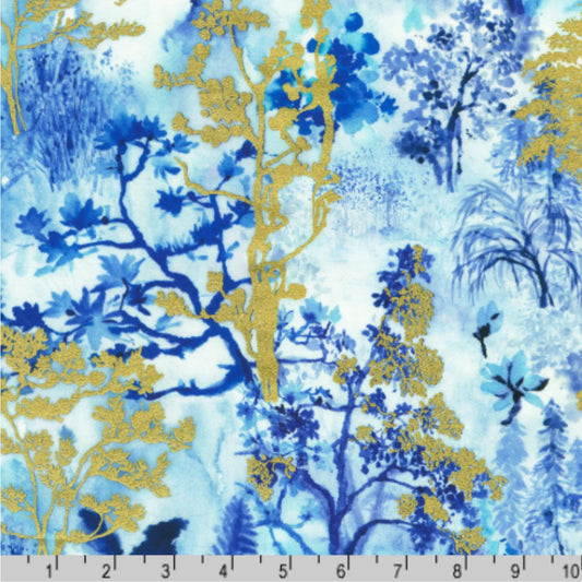 Pattern of blue and gold trees on a blue background with a ruler for scale