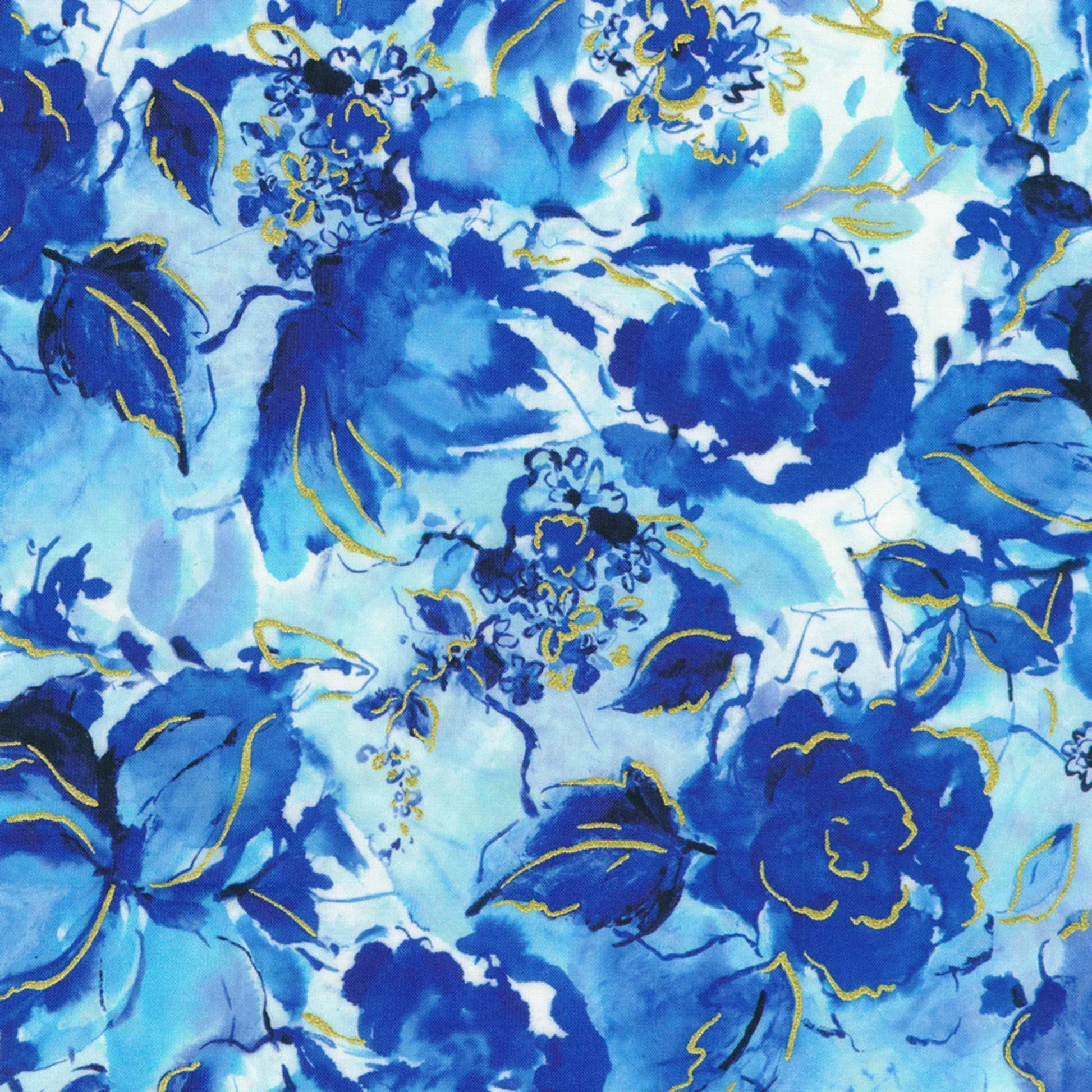 Blue floral pattern with gold accents on a blue background