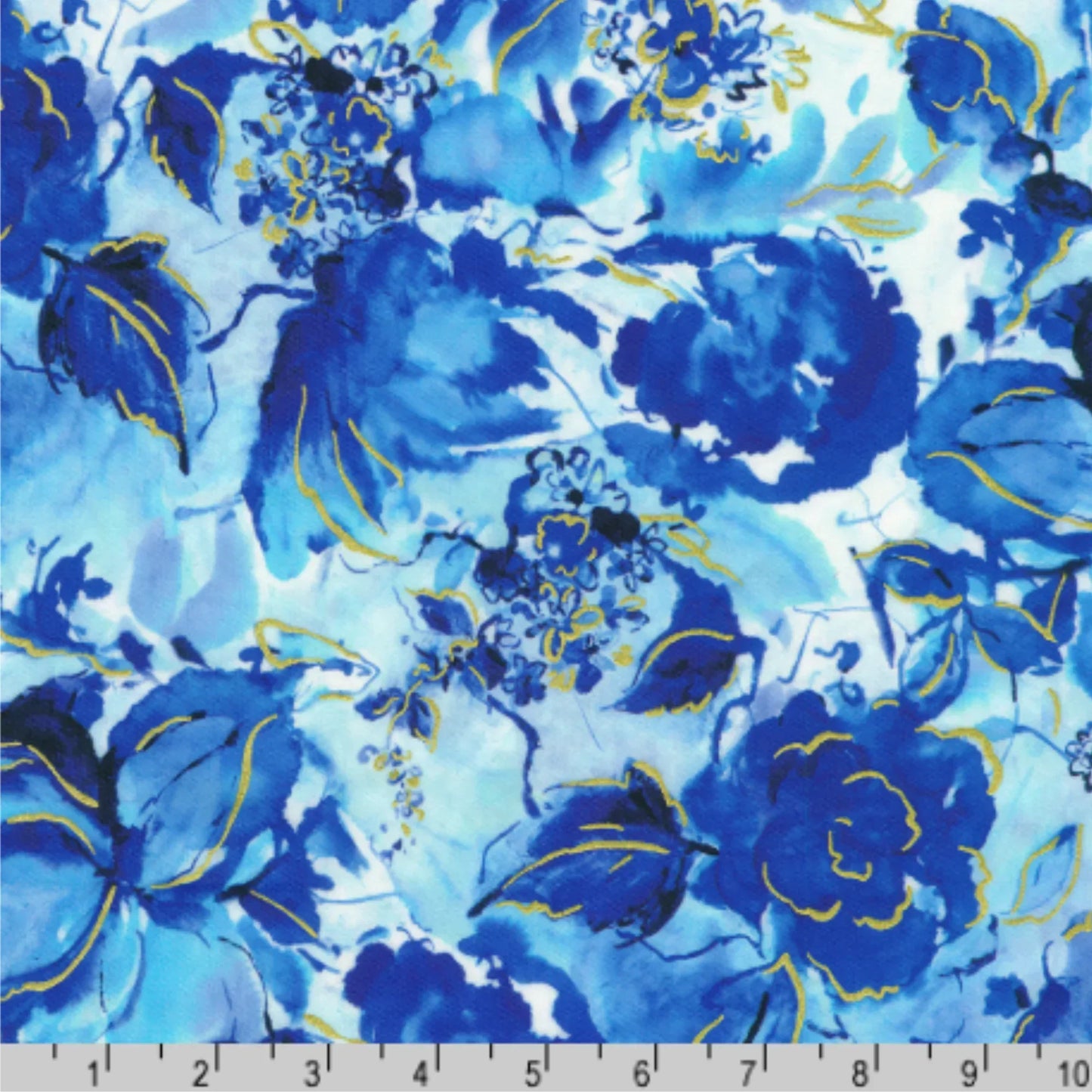 Blue floral pattern with gold accents on a blue background with a ruler for scale