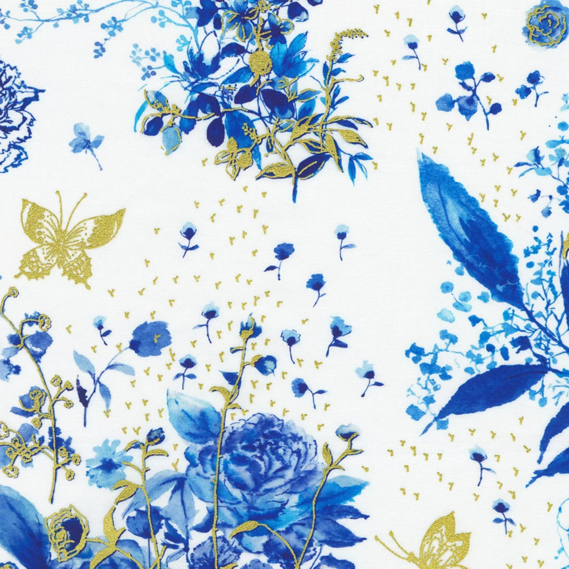 Pattern of blue flowers and gold butterflies on a white background
