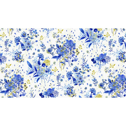 Pattern of blue and gold flowers on a white background