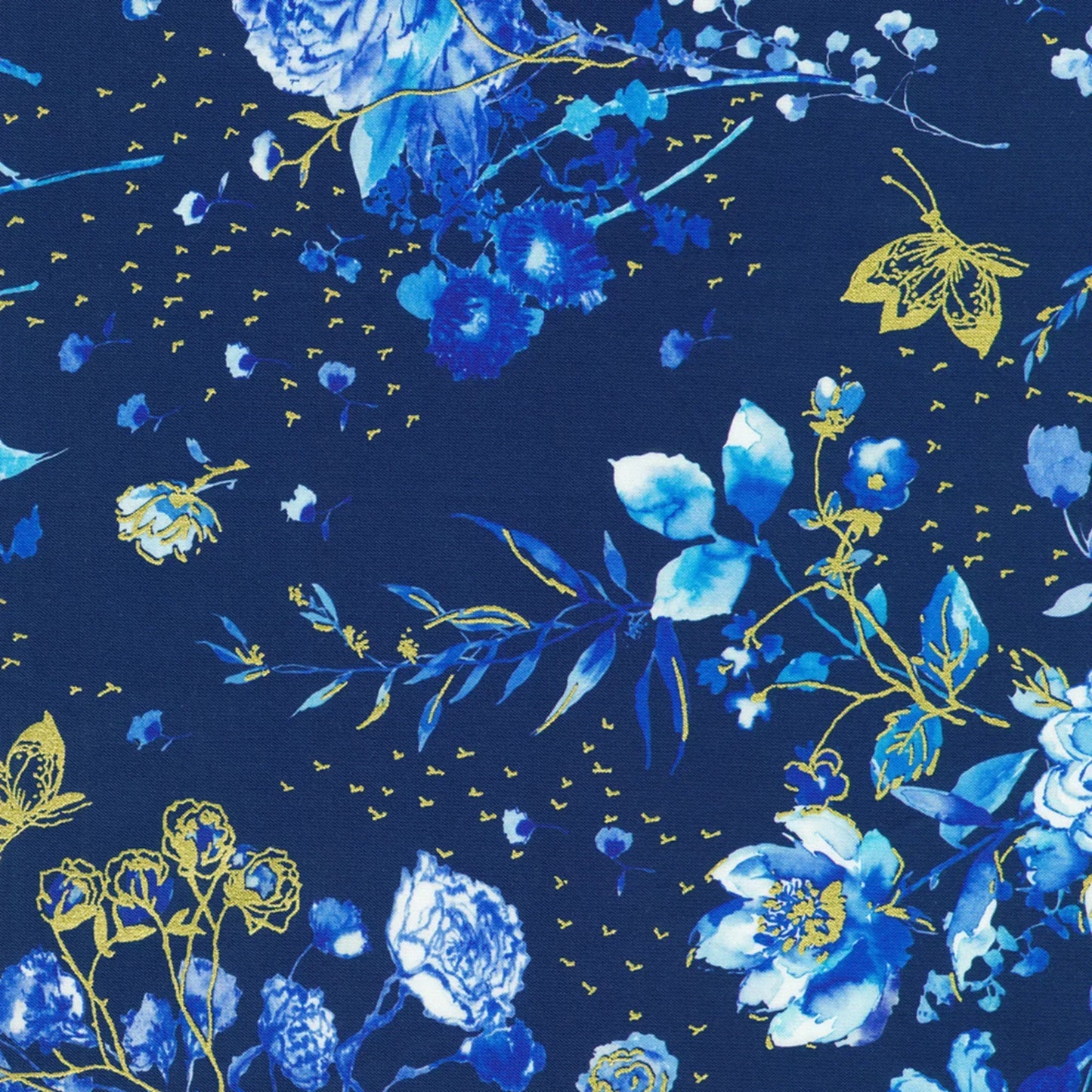 Floral pattern with blue flowers and gold accents on a dark blue background