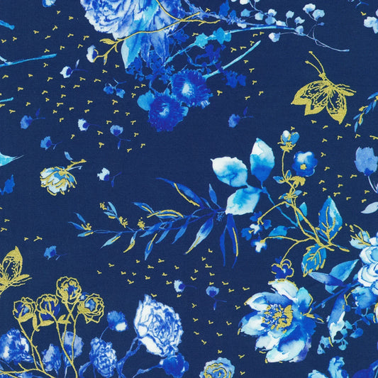 Floral pattern with blue flowers and gold accents on a dark blue background