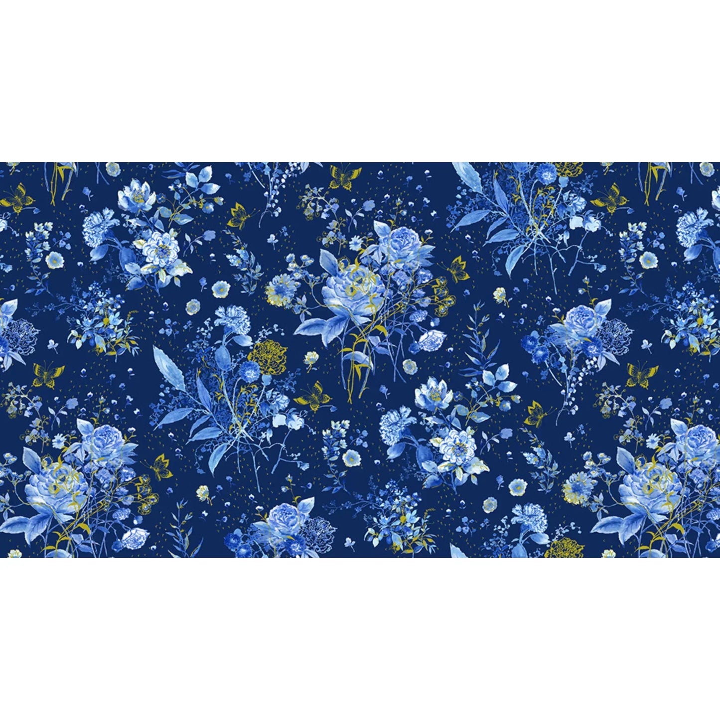 Floral pattern with blue flowers and gold accents on a dark blue background