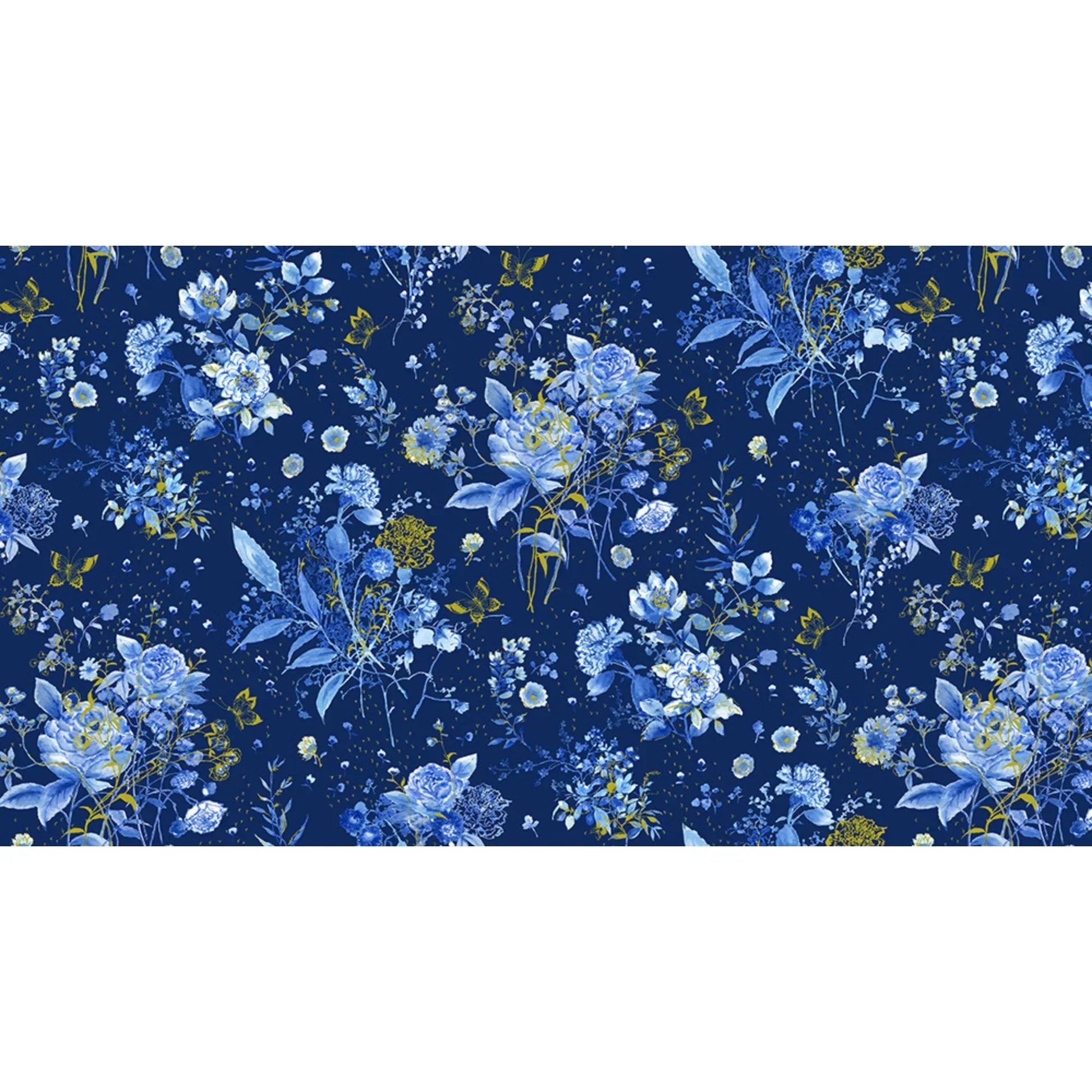 Floral pattern with blue flowers and gold accents on a dark blue background