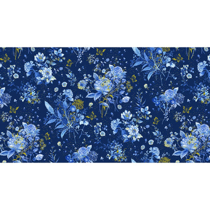 Floral pattern with blue flowers and gold accents on a dark blue background