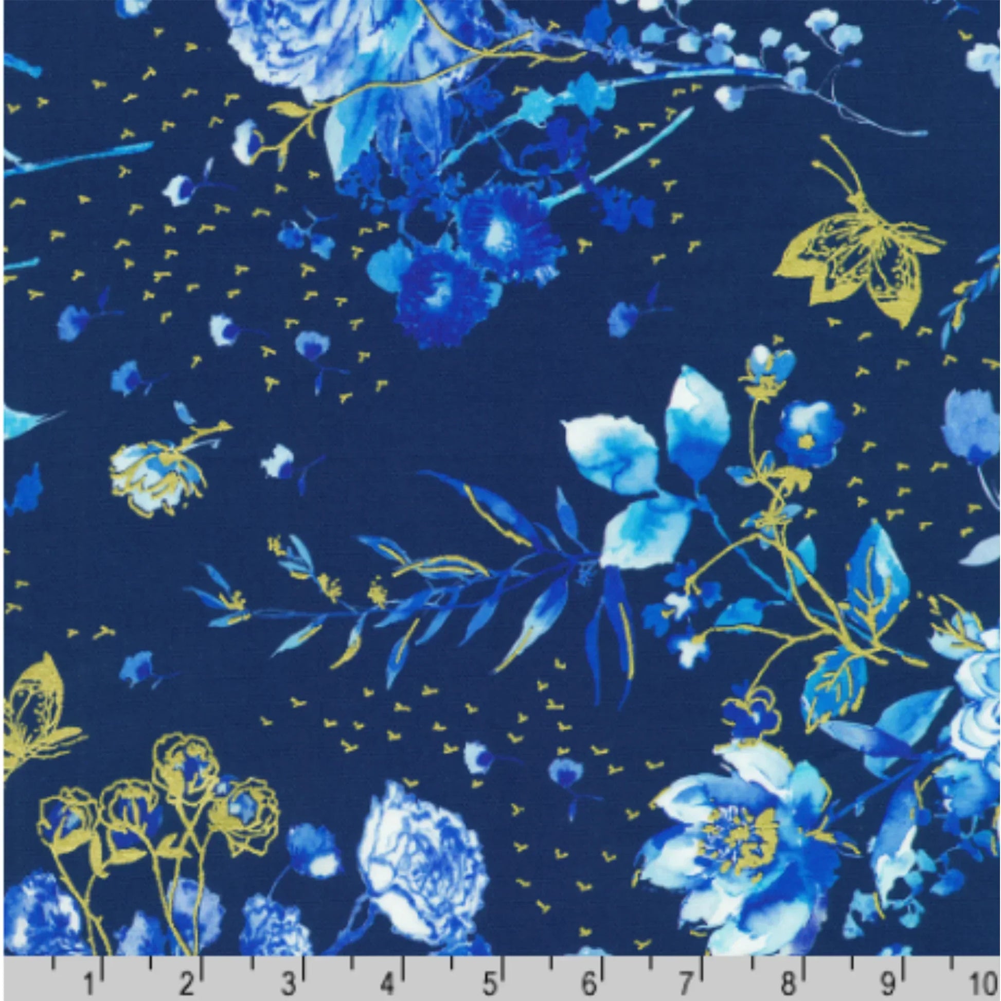 Floral pattern with blue flowers and gold accents on a dark blue background with a ruler for scale