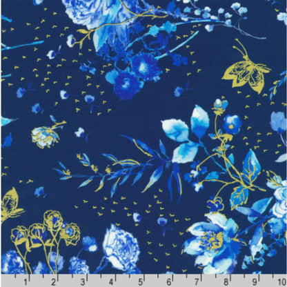 Floral pattern with blue flowers and gold accents on a dark blue background with a ruler for scale