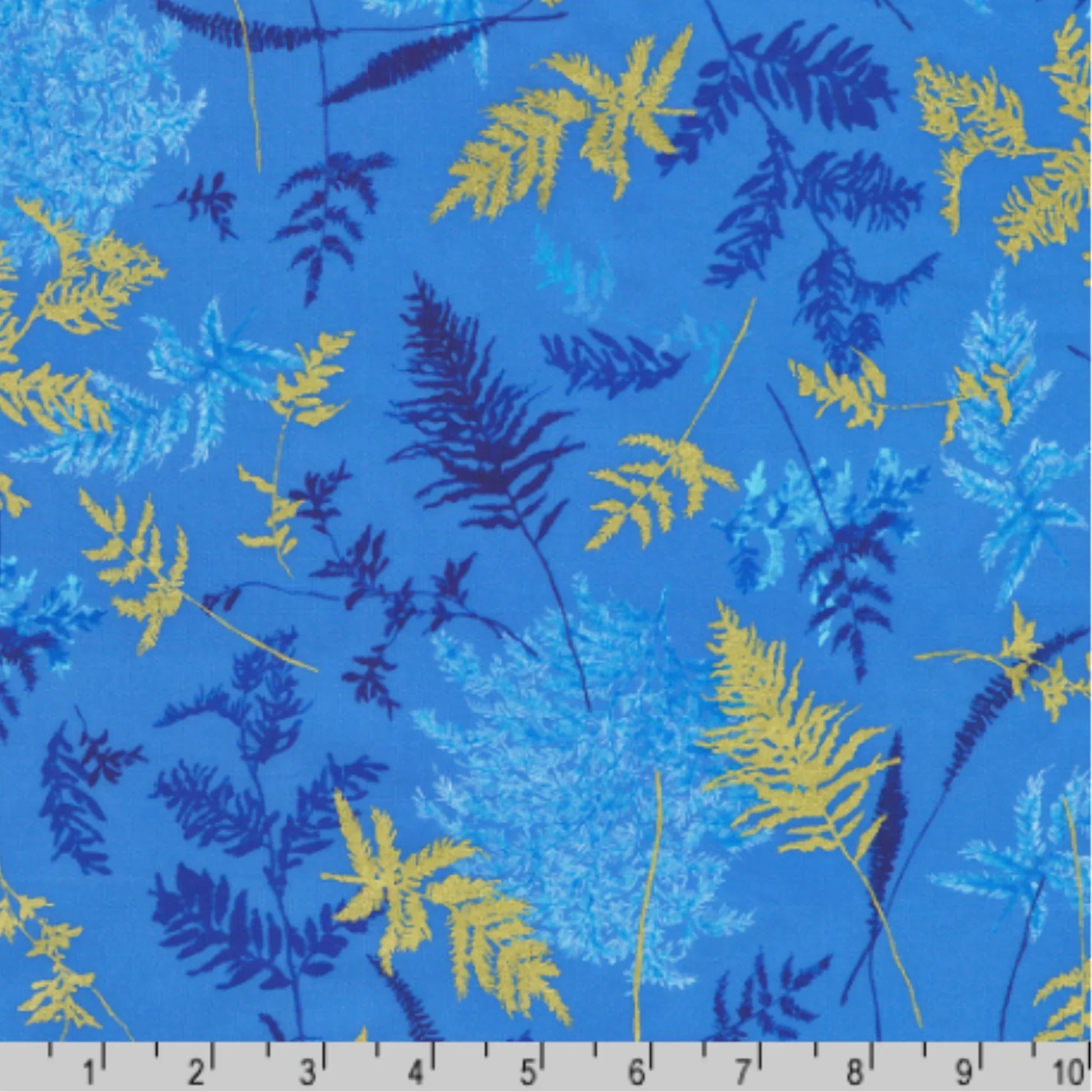 Blue and gold sprigs on a blue background with a ruler for scale