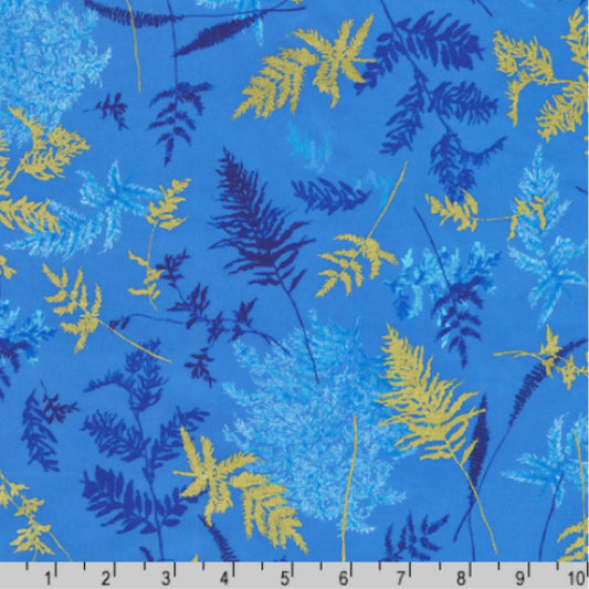 Blue and gold sprigs on a blue background with a ruler for scale