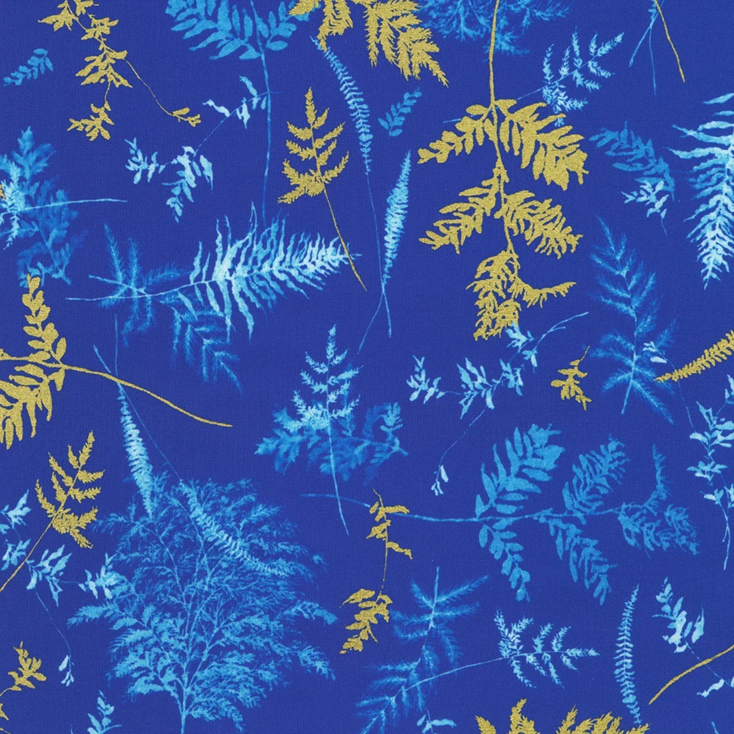 Blue and gold springs and fronds tossed on a blue background