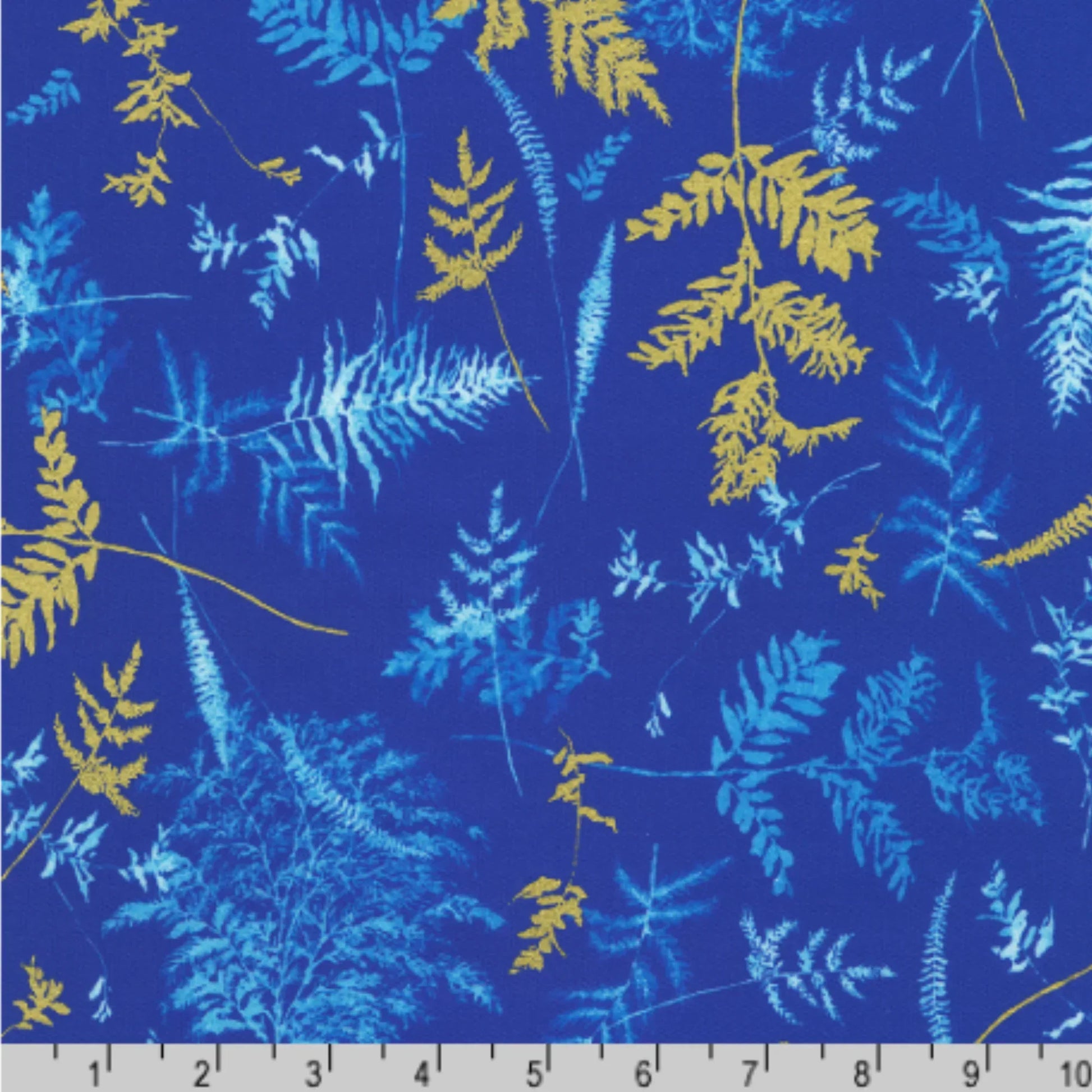Blue and gold springs and fronds tossed on a blue background with a ruler for scale