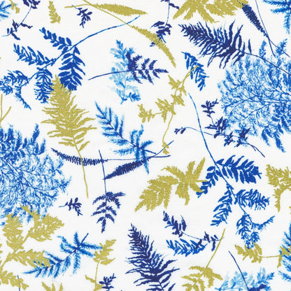 Pattern of blue and gold sprigs on a white background