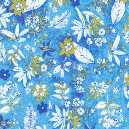 Floral pattern with blue, gold, and white flowers on a blue background