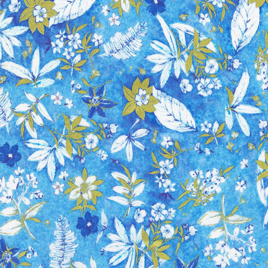 Floral pattern with blue, gold, and white flowers on a blue background