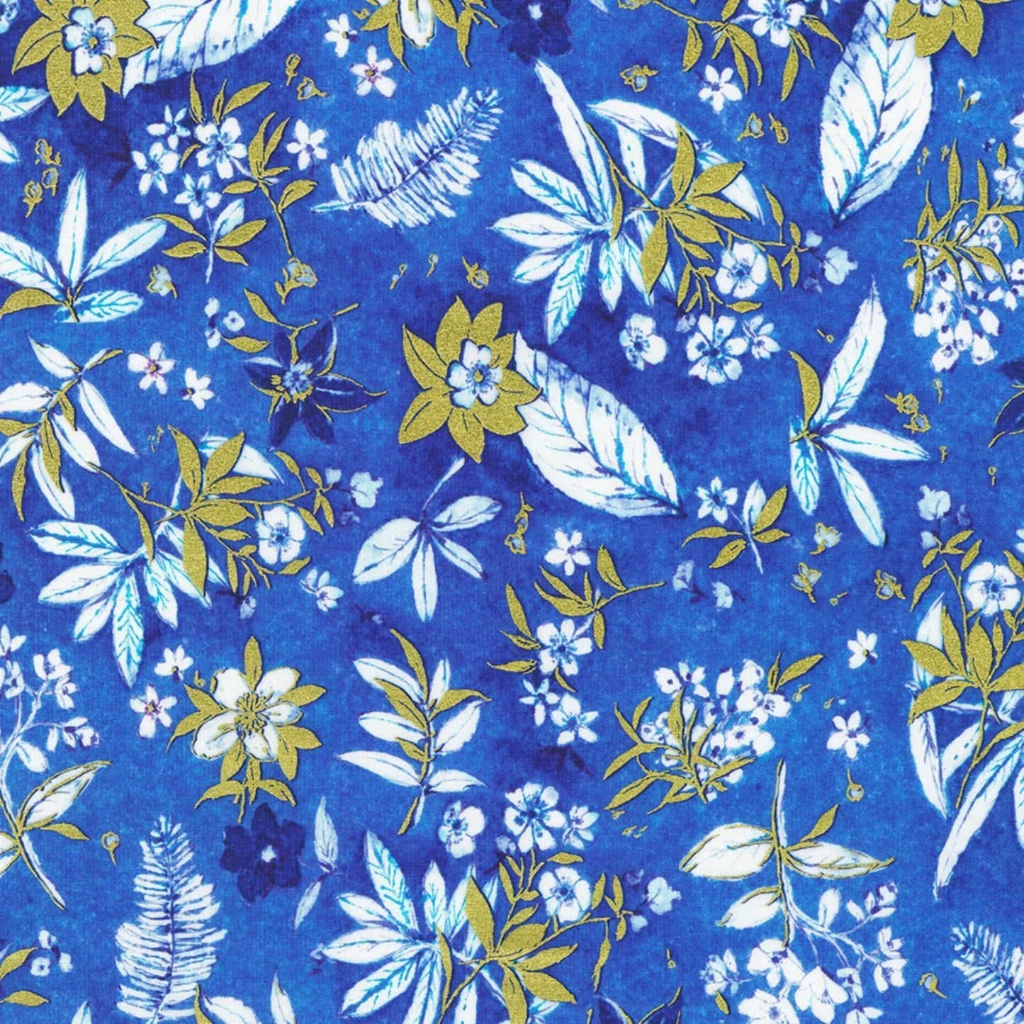 Floral pattern with blue, gold, and white flowers on a blue background