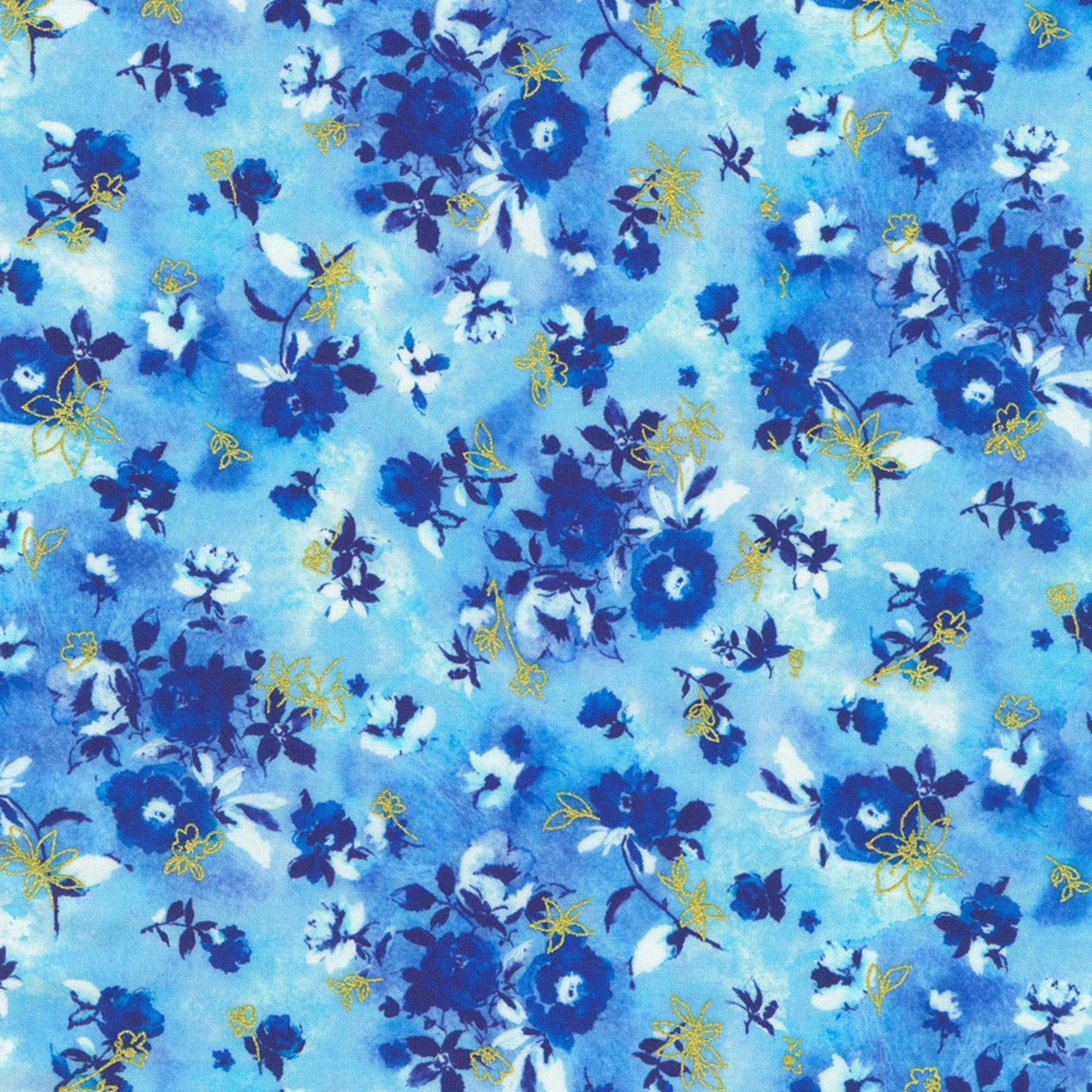 Blue and white flowers accented with gold on a blue background