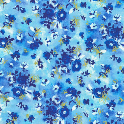 Blue and white flowers accented with gold on a blue background