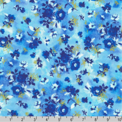 Blue and white flowers accented with gold on a blue background with a ruler for scale