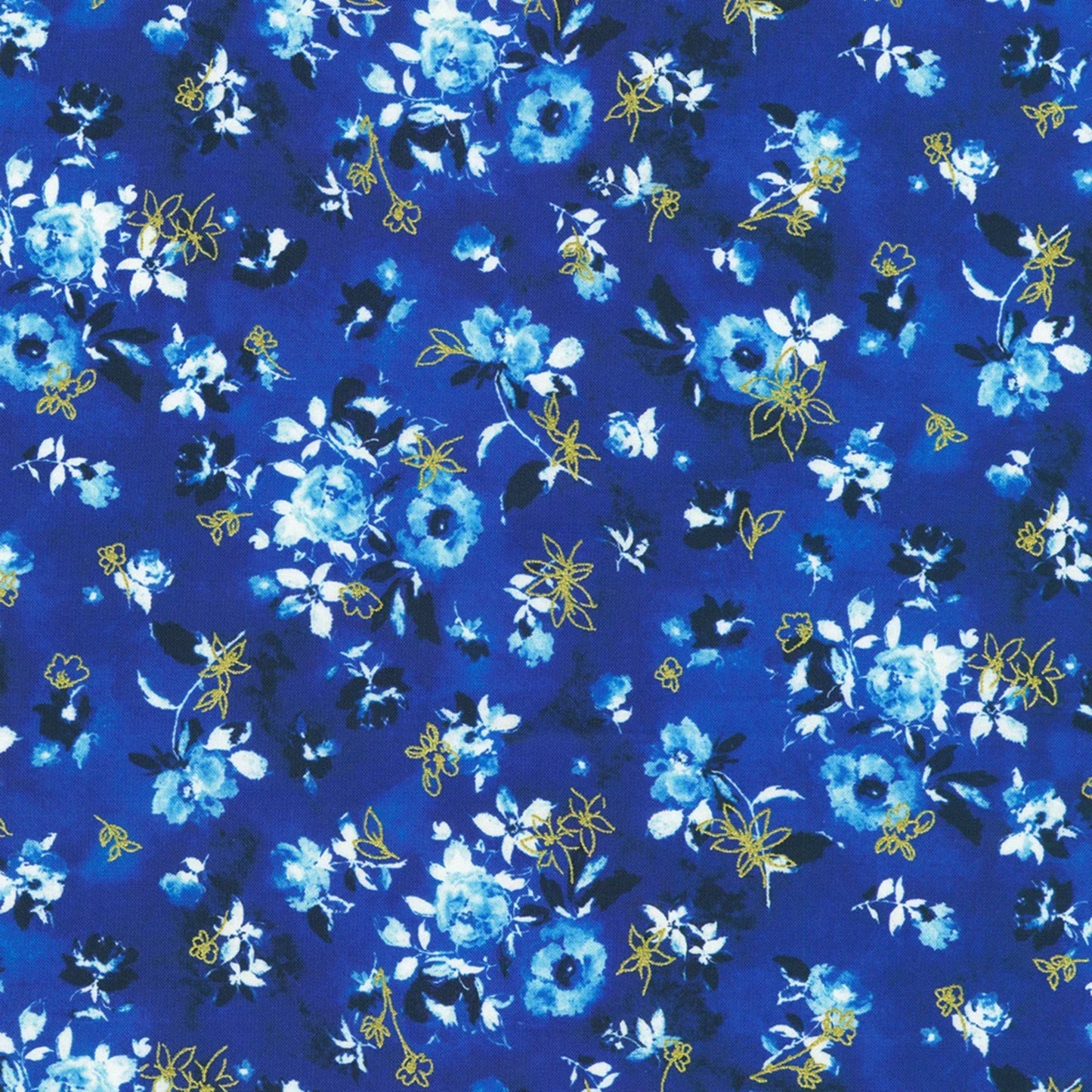 Blue, white, and gold flowers on a dark blue background