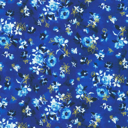 Blue, white, and gold flowers on a dark blue background