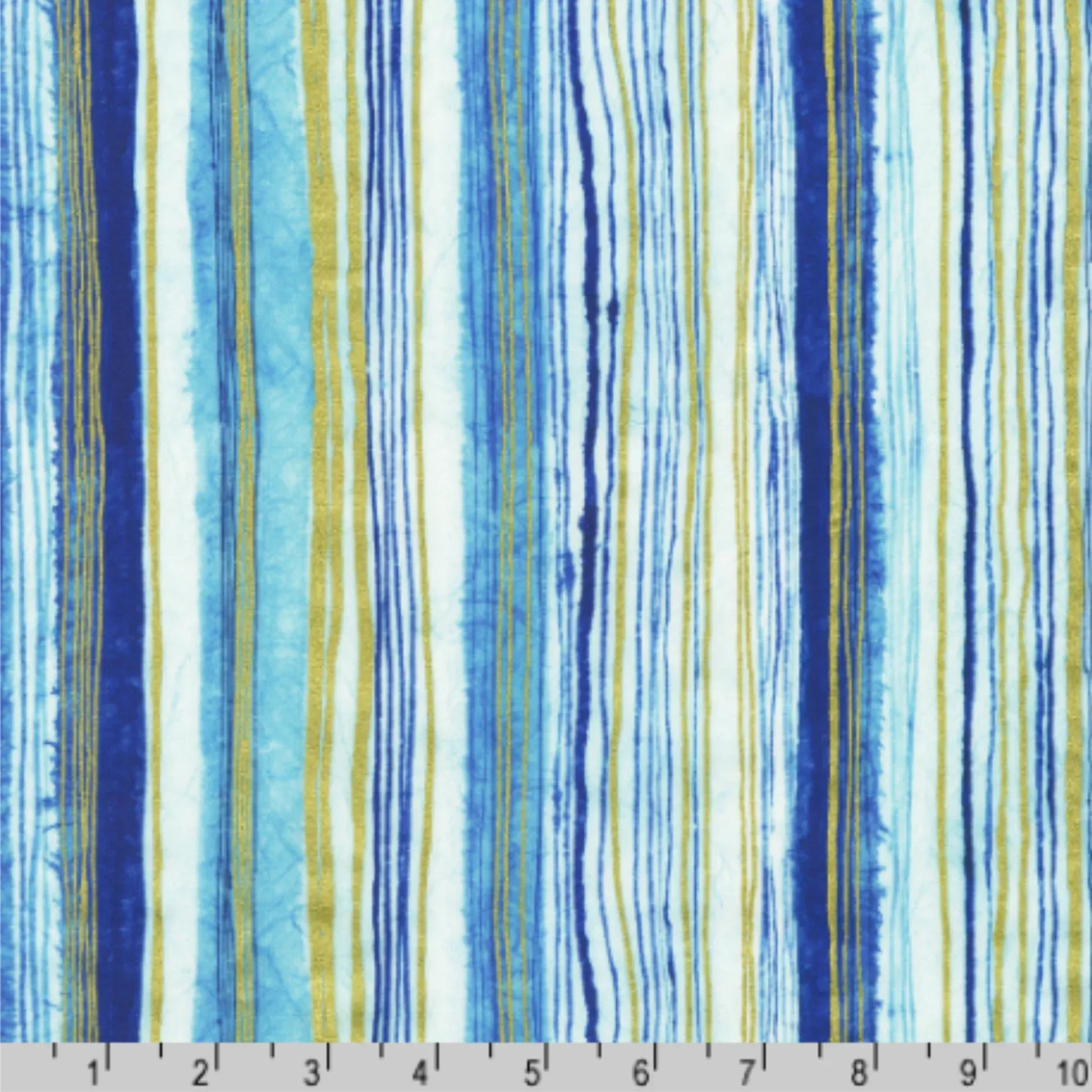 Striped fabric pattern with blue, gold, and white colors with a ruler for scale