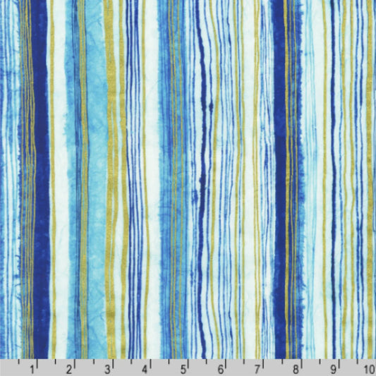 Striped fabric pattern with blue, gold, and white colors with a ruler for scale