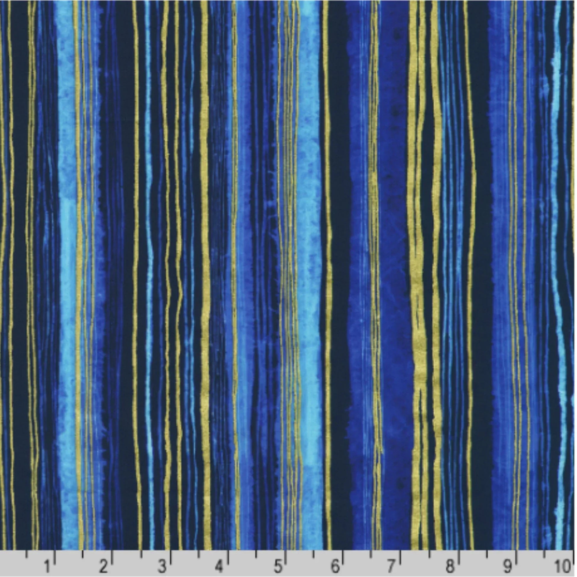 Striped fabric pattern with blue and gold lines with a ruler for scale