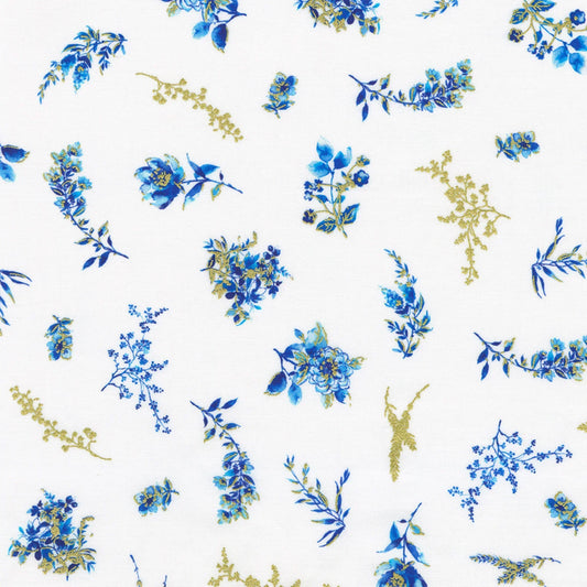 Pattern of blue and gold floral designs on a white background