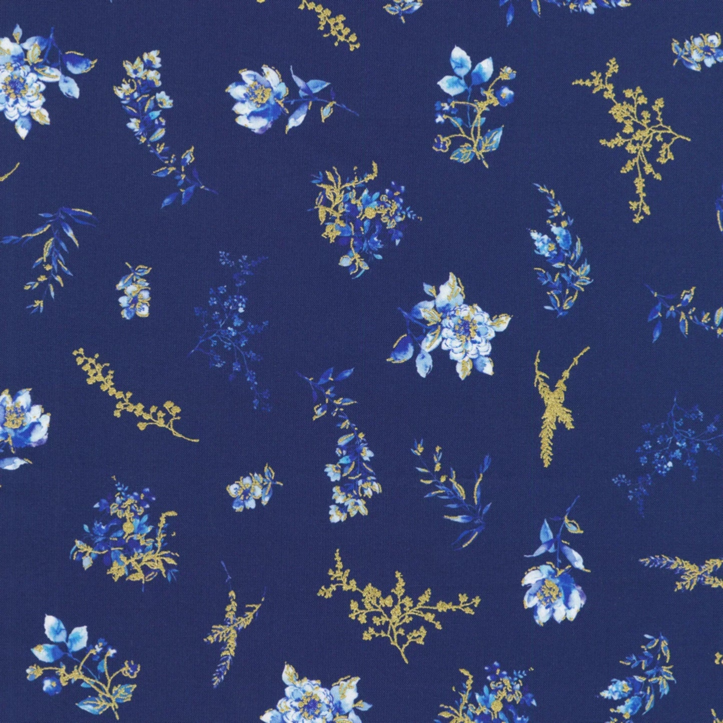 Floral pattern with blue and gold flowers on a dark blue background