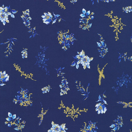 Floral pattern with blue and gold flowers on a dark blue background
