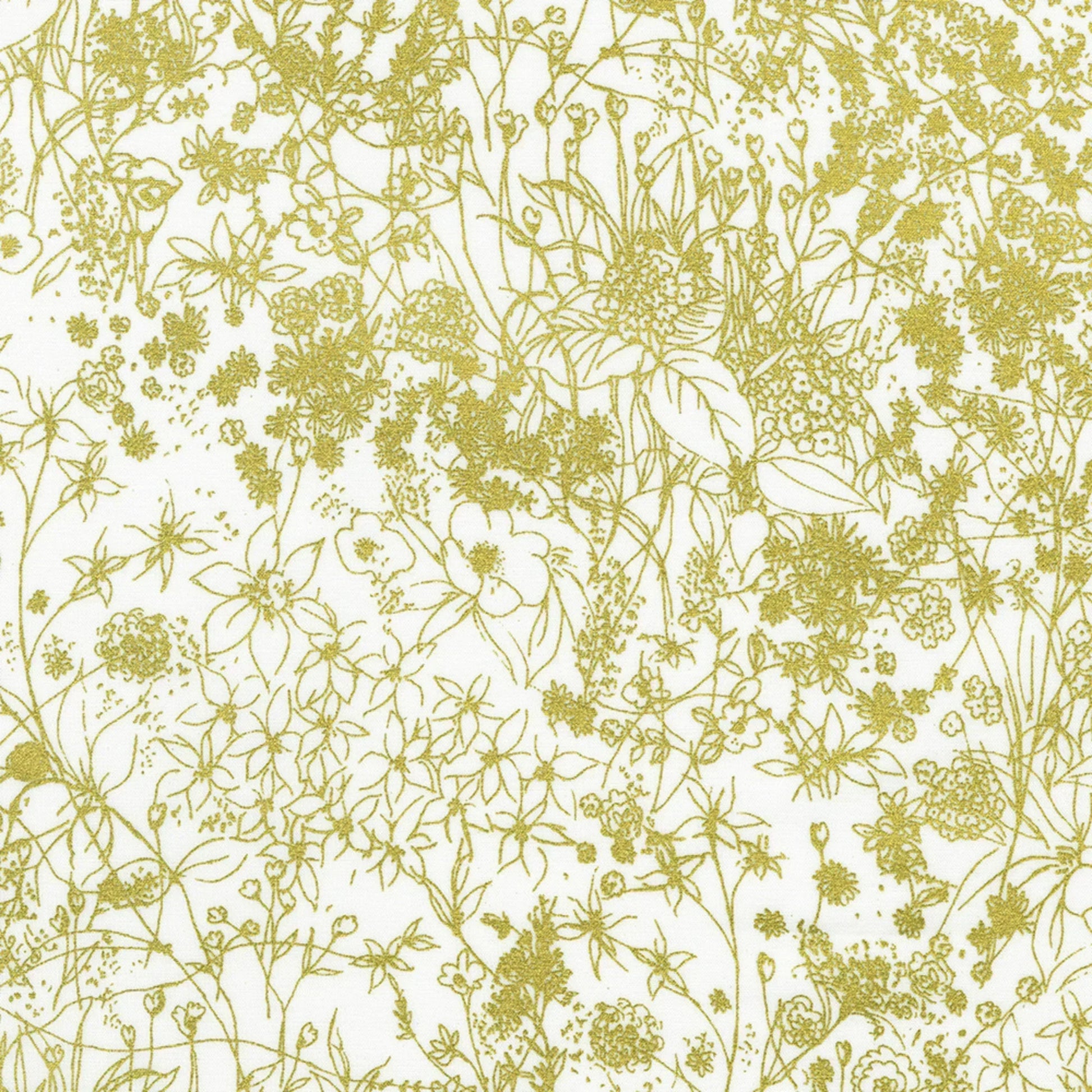 Pattern of metallic gold floral designs on a white background
